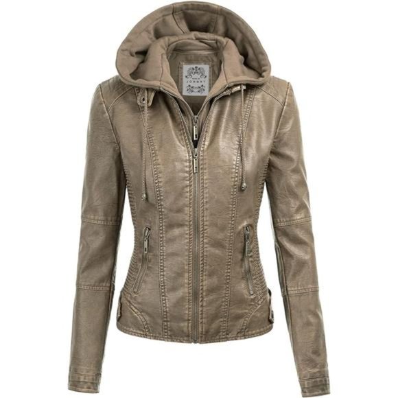 Womens Faux Leather Motorcycle Jacket with Hoodie Wjc1044_khaki